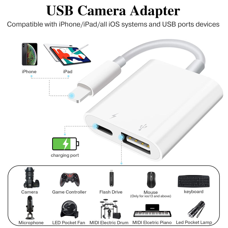 USB Camera Adapter with Charging Port, Portable USB Female OTG Adapter Compatible with iPhone iPad, iPad to USB Adapter Plug and Play Support Card Reader - LeoForward Australia