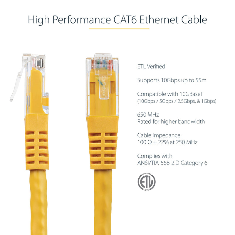 StarTech.com 20ft CAT6 Ethernet Cable - Yellow CAT 6 Gigabit Ethernet Wire -650MHz 100W PoE++ RJ45 UTP Molded Category 6 Network/Patch Cord w/Strain Relief/Fluke Tested UL/TIA Certified (C6PATCH20YL) 20 ft / 6 m 1 Pack - LeoForward Australia