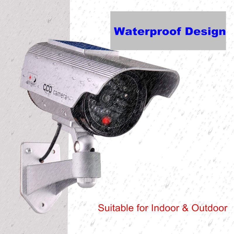  [AUSTRALIA] - Solar Powered Fake Security Camera, Bullet Dummy Surveillance System with Realistic Red Flashing Lights and Warning Sticker Indoor Outdoor (1, Silver) Solar 1 Silver