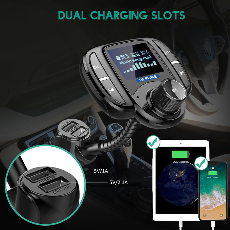  [AUSTRALIA] - Bluetooth FM Transmitter (Upgraded Version),Wireless Radio Adapter Car Kit W 1.44 Inch Display Supports TF/SD Card and USB Car Charger for All Smartphones Audio Players