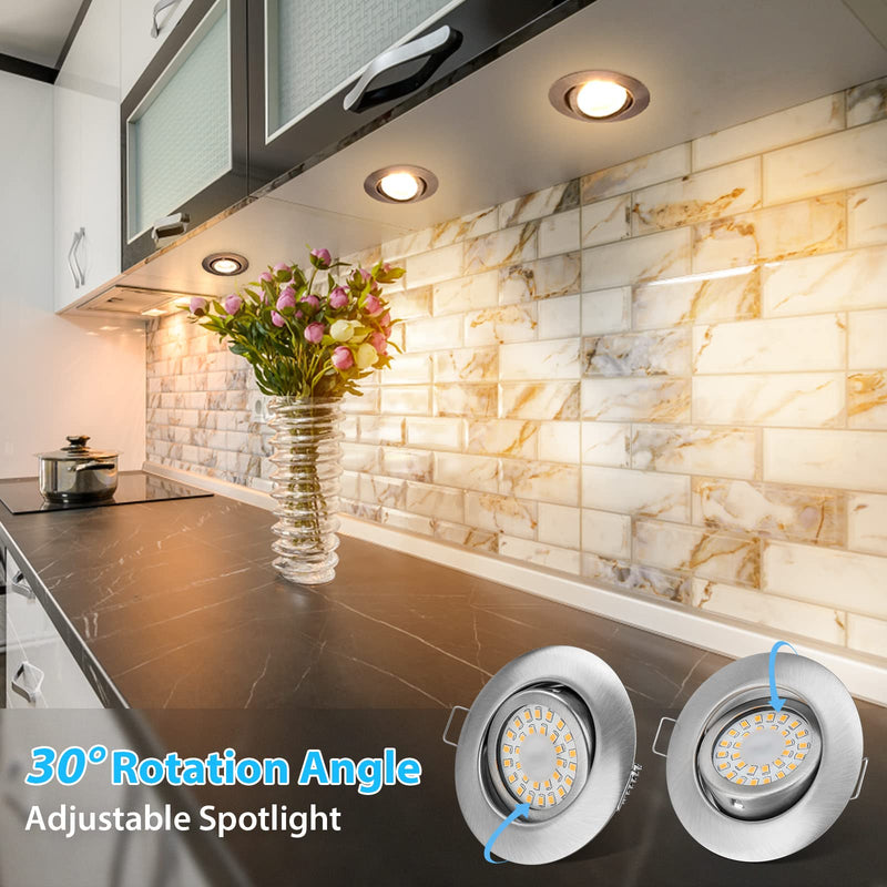  [AUSTRALIA] - LED recessed spotlights 230V flat dimmable LED spots 6W IP44 bathroom recessed lights ceiling spots ceiling spotlights, warm white 3000K swiveling recessed spots for bathroom kitchen living room, set of 6 nickel warm white 3000K set of 6