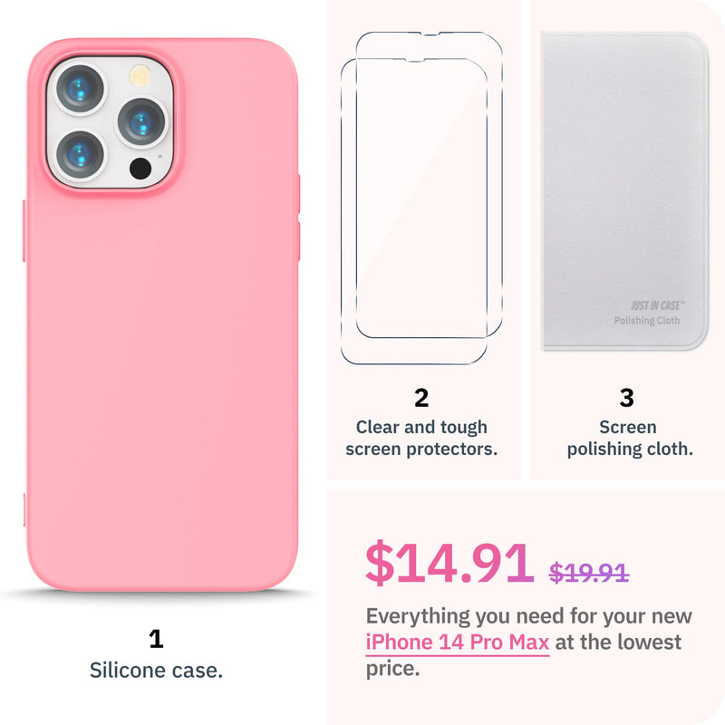  [AUSTRALIA] - JIC-Bundle - (for iPhone 14 Pro Max) - Soft Silicone Case + 2 Screen Protectors + Screen Polishing Cloth - Peach Pink