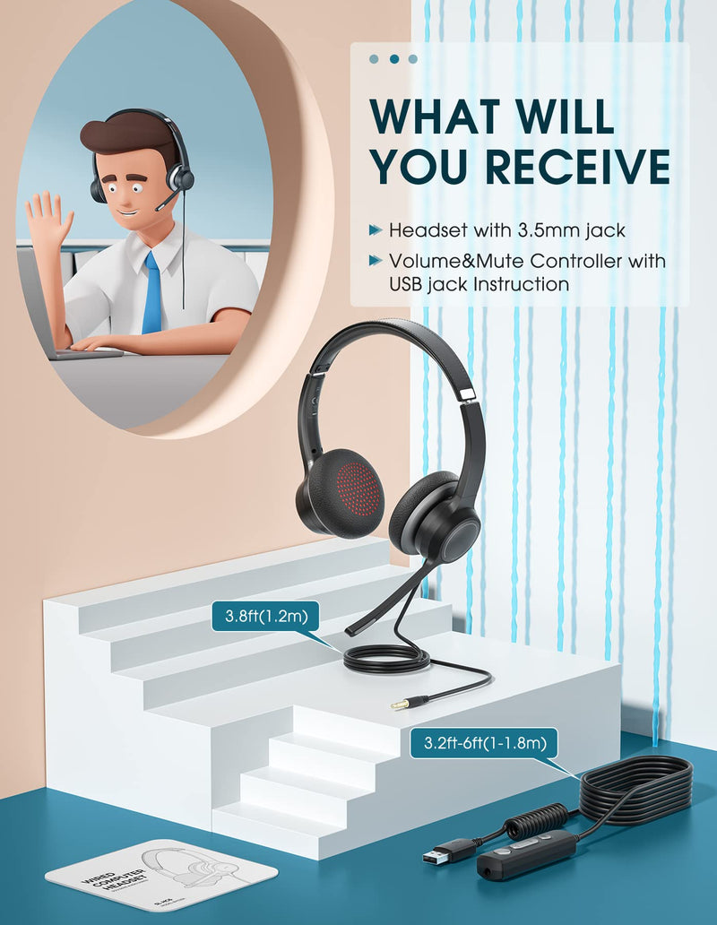  [AUSTRALIA] - 3.5mm/USB Headset with Microphone for PC, Computer Headset with Microphone for Laptop, 2.9m Length Business Headphone with Microphone Mute, Volume Control, Sidetone for VoIP Call Center Office