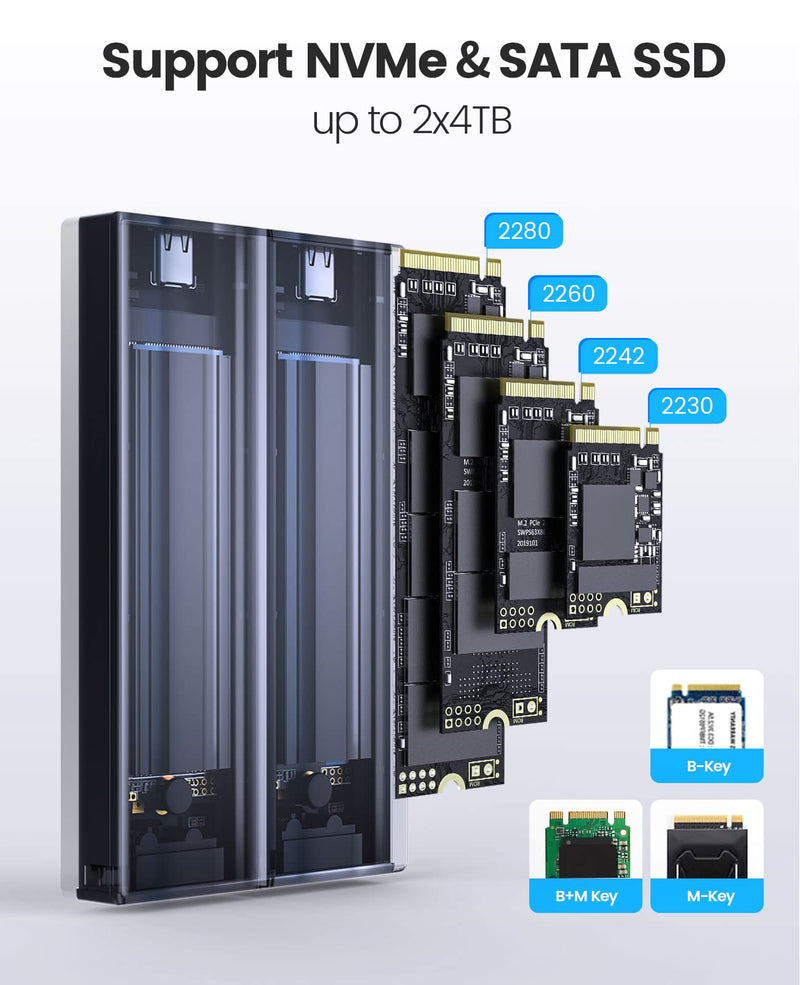  [AUSTRALIA] - ORICO Dual M.2 NVMe SATA SSD Enclosure, USB C to M2 Adapter for M Key PCIe & B+M Key 2230/2242/2260/2280 M.2 SSDs,Tool-Free Installation Aluminum M.2 Reader Support Trim and UASP up to 2x4TB-BM2-2SN Dual M.2 SATA+NVMe