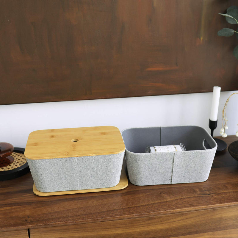  [AUSTRALIA] - LA JOLIE MUSE Mid-Century Modern Light Gray Tweed Fabric Storage Basket Set of 2 for Cube Shelf Closet Bookcase Drawer Cabinet, Multipurpose Organizer Bin with Bamboo Lid Grey