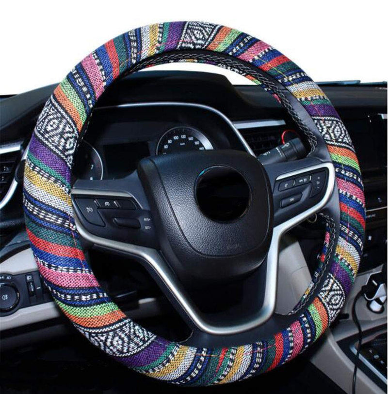  [AUSTRALIA] - Carmen Linen Car Steering Wheel Cover Boho Ethnic Style Corase Linen 15 Inch/38cm Universal Steering Grip Protector Auto Interior Accessories (B) B