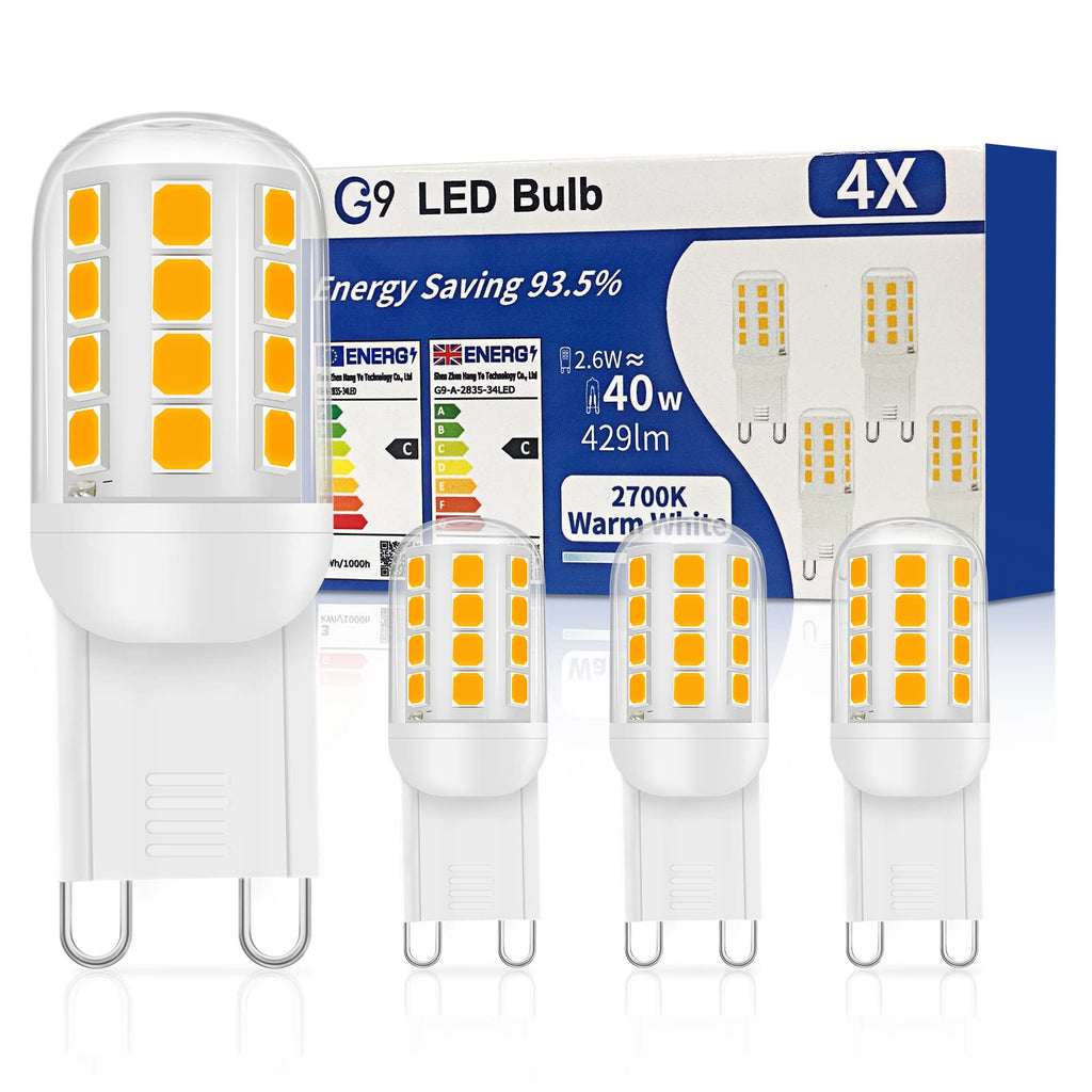  [AUSTRALIA] - YzzYzz G9 LED lamp warm white 2700K, bulb 2.6W equivalent to 30W-40W halogen lamp, light bulb 429 lumens, no flickering, not dimmable, 360° pin base lamp, pack of 4