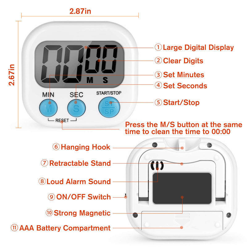  [AUSTRALIA] - Timer, Kitchen Timer, Magnetic Digital Timers Loud Alarm Digital Timer for Cooking 2 Pack (white), Upgrade Silent Classroom Countdown Count Up Timer for Kids and Adults, Back Stand for Food Timer