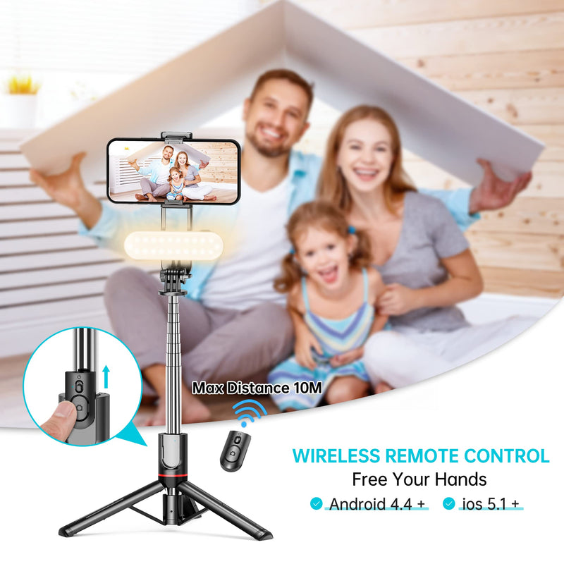  [AUSTRALIA] - Stable Selfie Stick Tripod with Fill Light, 44 Inch Extendable Selfie Stick with Wireless Remote and Tripod Stand 360 Rotation for iPhone 13/12/11 Pro/XS Max/XS/XR/X/8/7, Samsung and Smartphone With Light