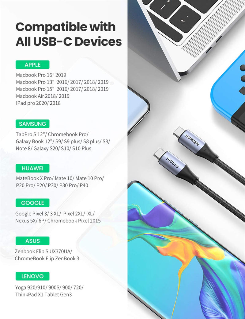 UGREEN USB-C to USB-C Cable 100W Power Delivery USB C 3.1 Gen 2 10Gbps 4K Video Compatible with MacBook Pro Air iPad Pro 2020 Chromebook Samsung Galaxy S20 S10 Pixel 4XL PS5 Nintendo Switch 3ft - LeoForward Australia