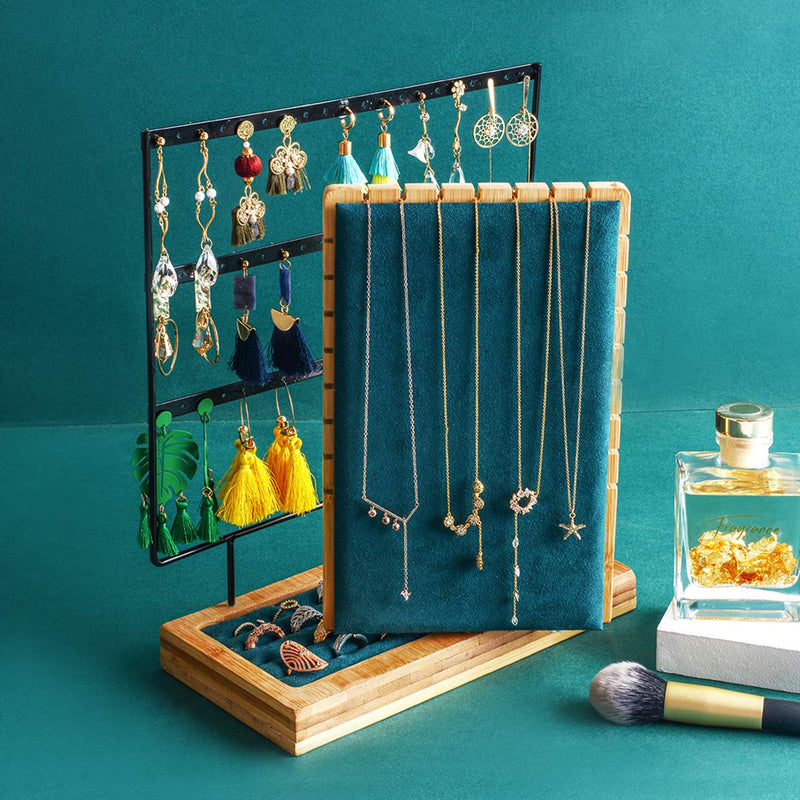  [AUSTRALIA] - Earring Holder Stand Jewelry Organizer Jewelry Display Rack Rotating Necklace Stand & Metal Earring Organizer Match Bamboo Tray For Necklaces Bracelet Earring Ring Organizer