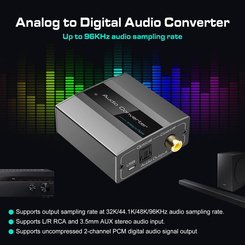  [AUSTRALIA] - Analog to Digital Audio Converter RCA R/L to Optical with Optical Cable 3.5mmAUX Jack to Digital Toslink and Coaxial Audio Adapter for Soundbar