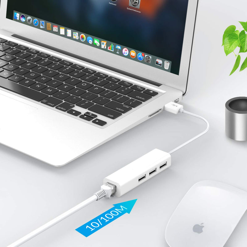  [AUSTRALIA] - LENTION 3 USB Ports Hub with RJ45 LAN Adapter Laptop Ethernet Dock Network Extender Compatible MacBook Air/Pro (Previous Generation), Chromebook, Windows Laptop, More (White) White