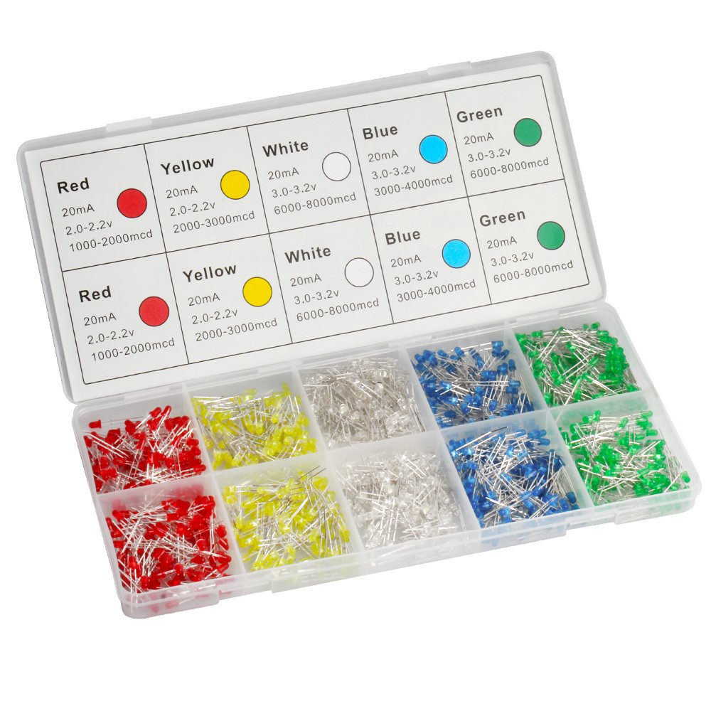  [AUSTRALIA] - DiCUNO 1000pcs 3MM LED Assorted Light Emitting Diodes Diffused 2 Pin Round Color White/Red/Yellow/Green/Blue Kit Box (5 Colors x 200pcs) R/Y/B/G/W, 1000 Pack