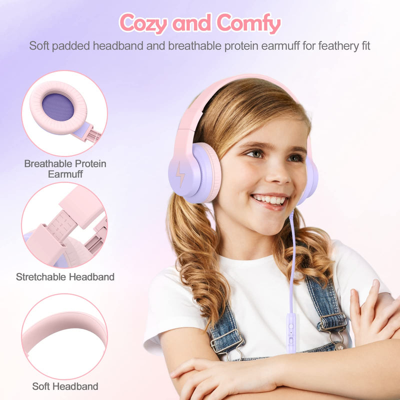  [AUSTRALIA] - Kids Headphones, Wired Headphones for Kids Over Ear with Microphone, 85/94dB Volume Limiter Headphones for Girls Boys with Sharing Jack, Foldable Headphones for Online Study, Gradient Pink