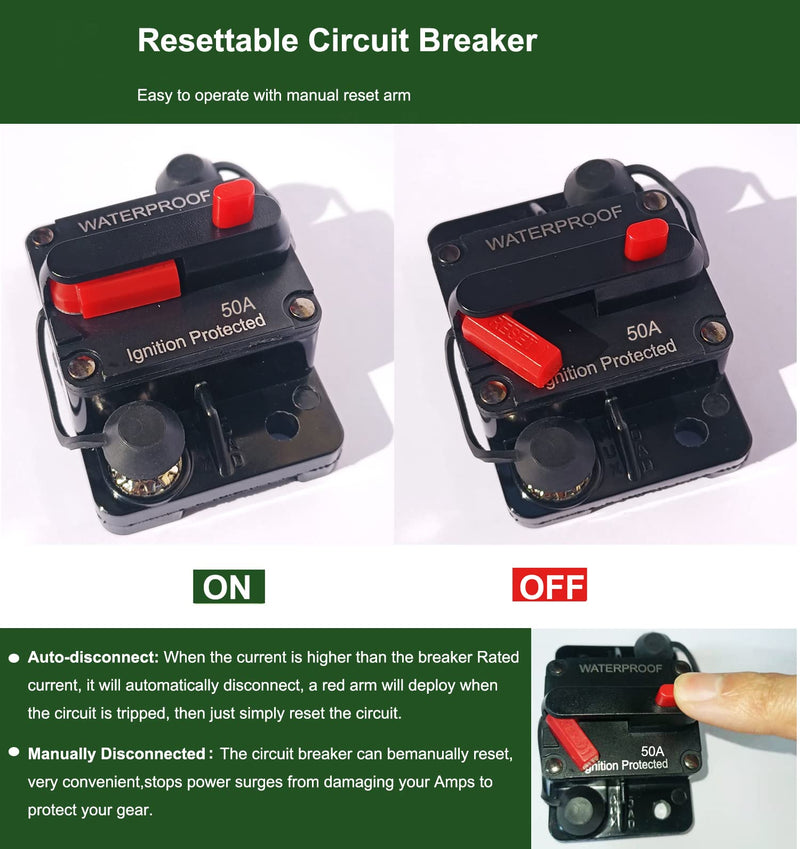  [AUSTRALIA] - 50 Amp Circuit Breaker Manual Reset Waterproof Inline Fuse Inverter for Car ATV Marine Trolling Motors Boat Power Protect 12V-48V DC, with Wire Lugs Copper Washer Screw 50A