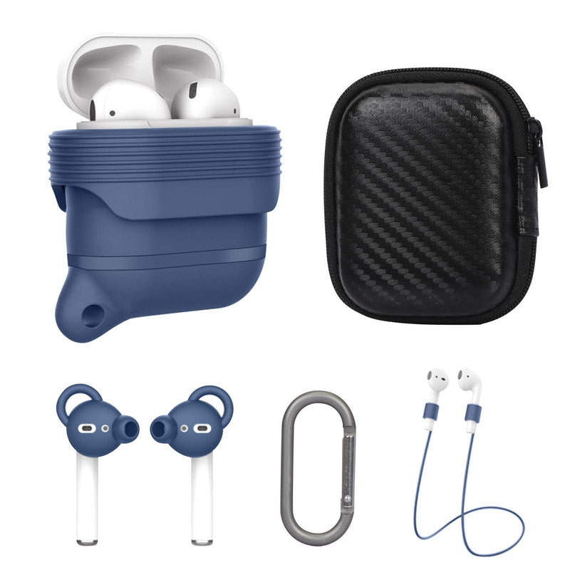  [AUSTRALIA] - WWW Protective Case Designed for Apple AirPods 2 & 1 , 5 in 1 Accessories Set Silicone Cover for AirPods 2 and 1 Charging Case with AirPods Covers/Anti-Lost Lanyards/Keychain/Carrying Box Blue Navy