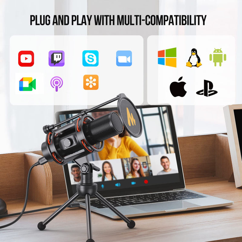  [AUSTRALIA] - Computer Microphone-MAONO All in One USB Condenser Mic 192kHz/24bit with Metal Pop Filter, Tripod, Gain Knob&0-Latency Monitoring for Zoom Meeting, Podcasting, Streaming, YouTube, Voice Over, Gaming