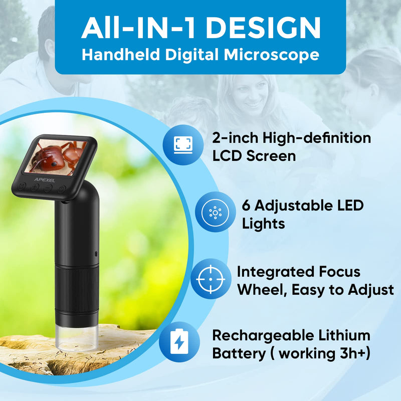  [AUSTRALIA] - APEXEL Handheld Digital Microscope with 2” LCD Screen, 800X Pocket Portable Microscope for Kids with Adjustable Lights Coins Electronic Magnifier Camera, USB to PC Including SD Card