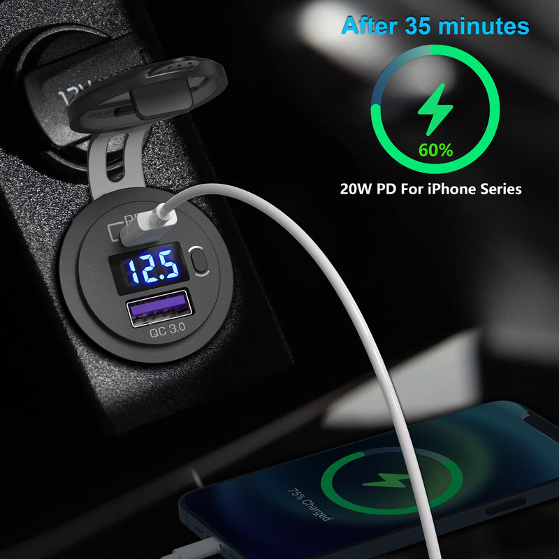  [AUSTRALIA] - 2 Pack USB C Car Charger Socket, Qidoe 12V USB Outlet PD3.0 20W USB C and 18W QC3.0 Car USB Port with LED Voltmeter and ON/Off Switch Fast Car USB Outlet for Car Boat Marine RV Truck Golf Motorcycle Two in Pack