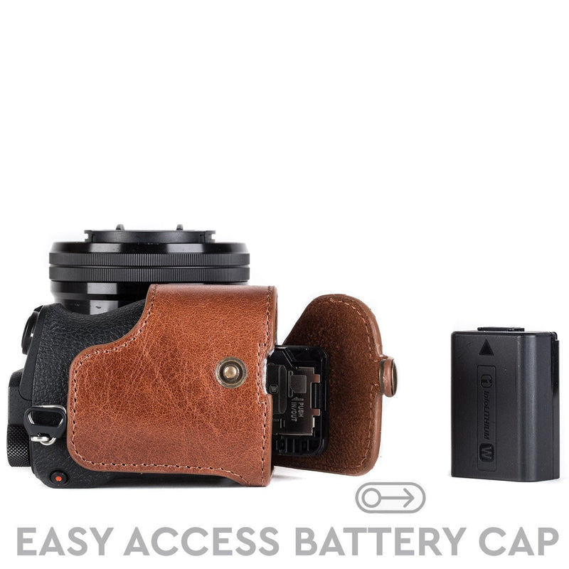  [AUSTRALIA] - MegaGear MG1204 Sony Alpha A6500 Ever Ready Genuine Leather Camera Half Case & Strap with Battery Access, Dark Brown