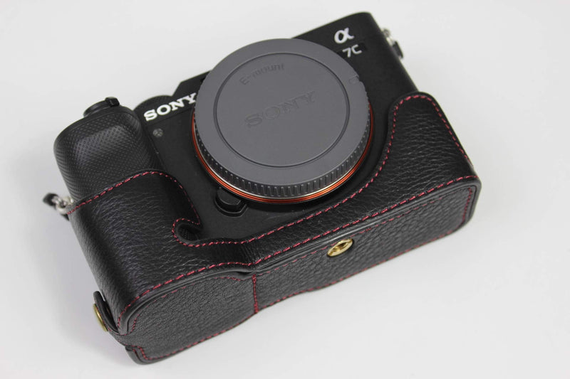  [AUSTRALIA] - A7C Case, BolinUS Handmade Genuine Real Leather Half Camera Case Bag Cover for Sony Alpha A7C Bottom Opening Version + Hand Strap (Black) Black