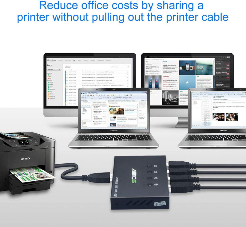  [AUSTRALIA] - USB Switch Selector 4 Port, AIMOS USB KVM Switcher 4 Computers Sharing 4 USB Devices One-Button Swapping, for Share Mouse, Keyboard, Printer, Scanner, with 4 USB Cables
