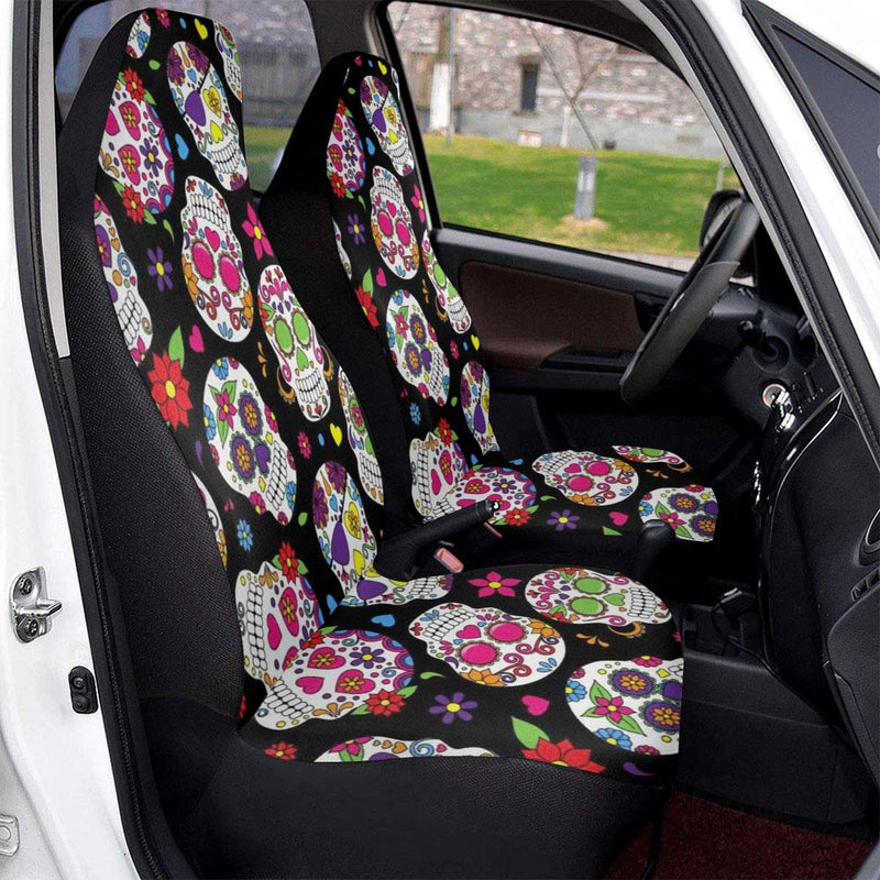  [AUSTRALIA] - Tianheyue Sugar Skull and Flower Car Seat Cover Front Seats Full Set of 2 Vehicle Seat Protector Fit Cars, Sedan, Truck, SUV, Van 2 PCS