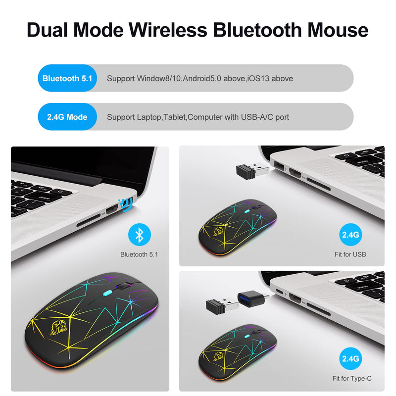  [AUSTRALIA] - Wireless Mouse,Slim Rechargeable Bluetooth Mouse,Led Dual Mode(Bluetooth 5.1+2.4G) Silent Mouse with USB Receiver and Type C Adapter,3 Adjustable DPI Computer Mice for Laptop/MacBook/iPad OS13 Above Black Lion