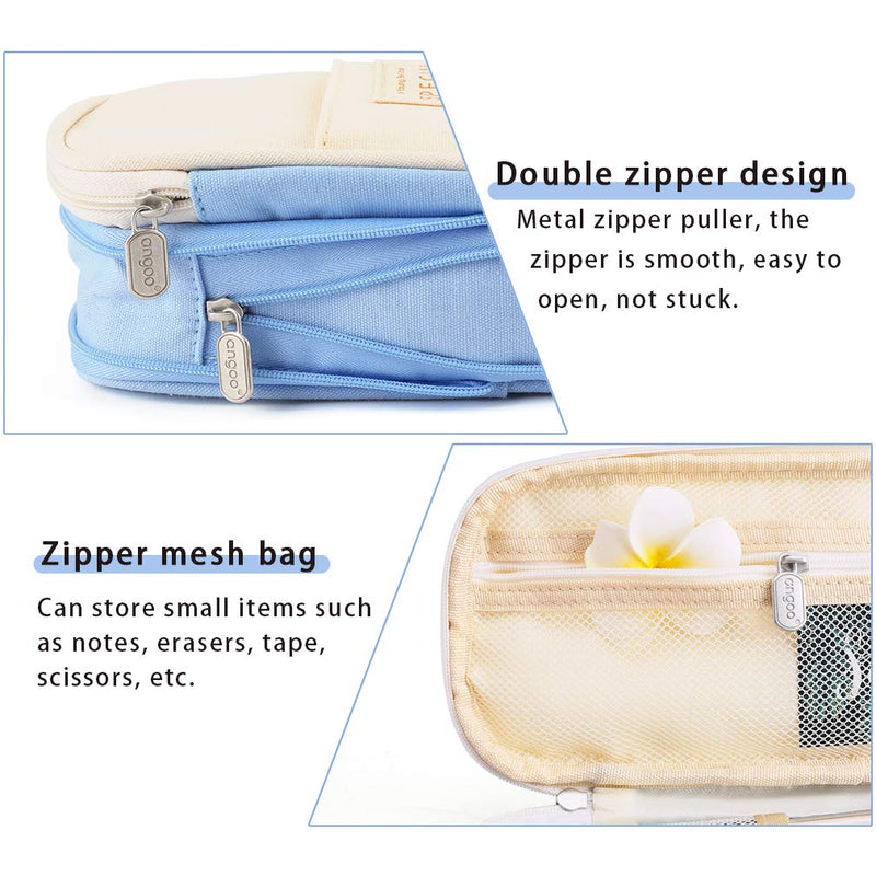 iSuperb Foldable Pencil Case Zipper Big Capacity Canvas Pencil Pouch Stationery Organizers Pen Bag Compartments Cosmetic Makeup Bags for Women Blue+Beige - LeoForward Australia