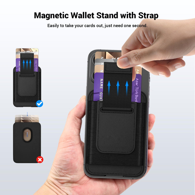  [AUSTRALIA] - for MagSafe Wallet Stand with Strap, 2-1 Adjustable Leather Magnetic Wallet Stand Compatible with MagSafe, Strong Magnetic Phone Wallet Stand for iPhone 14/13/12 Series, Fit 7-8 Cards - Black Black Phone Holder