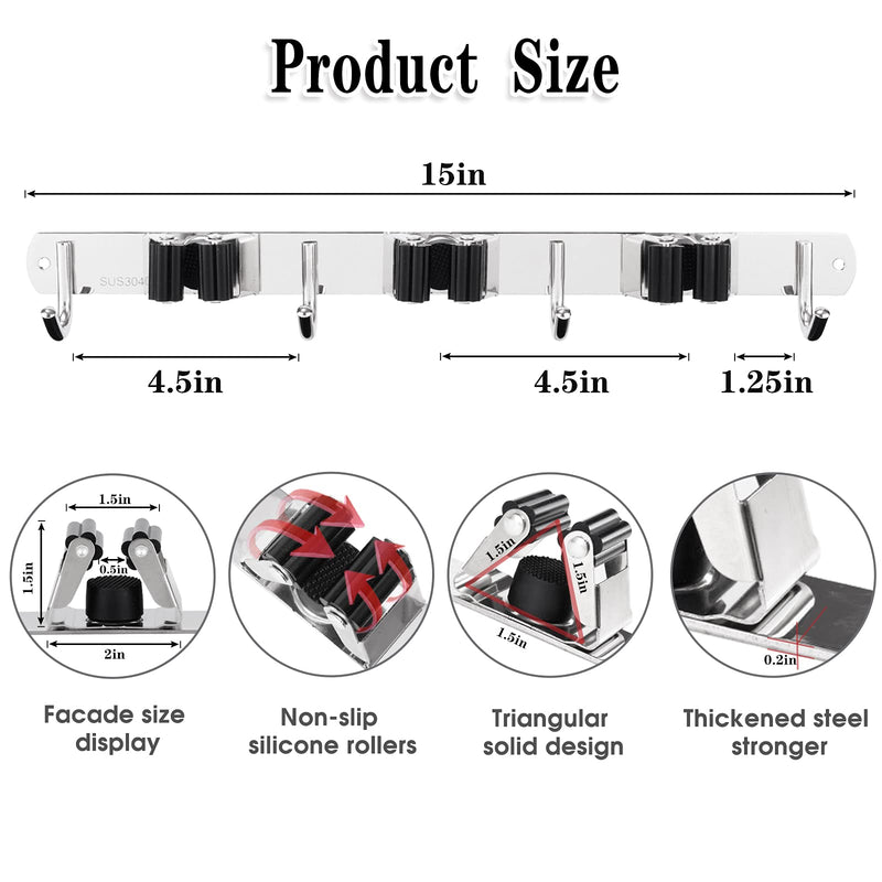  [AUSTRALIA] - 3 Racks and 4 Hooks Broom and Mop Holder Wall Mounted Garage Organizer Storage Tool Racks Stainless Steel Heavy Duty Hooks Self Adhesive Solid Non-slip Wall Hangers for Home Kitchen Garden Laundry 1 Pack 3 Racks & 4 Hooks