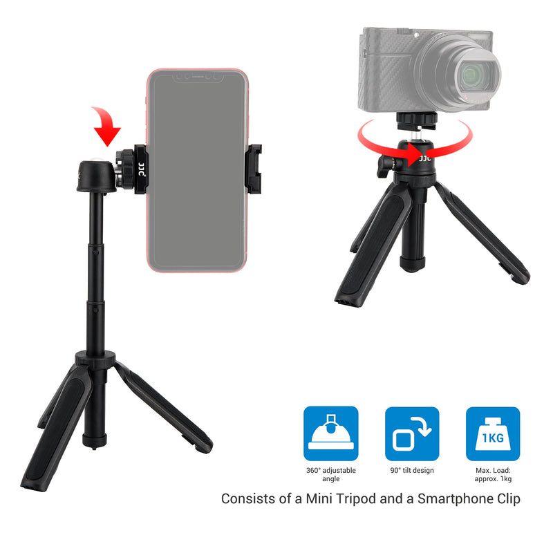  [AUSTRALIA] - JJC Cell Phone Mount Adapter Smartphone Selfie Stick Mini Tripod Holder Clip Clamp Vlog Camera Handle Stand with LED Light Shoe Mount and Bubble Level for iPhone Samsung Galaxy Sony ZV-E10 ZV-1 Extendable Mini Tripod & phone holder