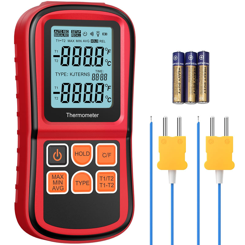  [AUSTRALIA] - Dual digital thermometer, CAMWAY temperature meter with 2 channels K-type & LCD display backlight, thermocouple sensor probe temperature measuring device for thermocouple types K/J/T/E/R/S/N