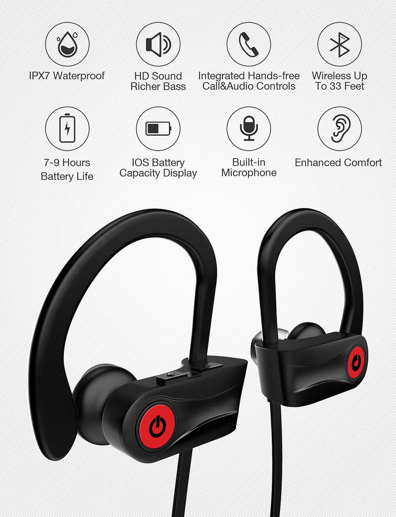  [AUSTRALIA] - Otium Wireless Headphones, Bluetooth Headphones,Sports Earbuds, IPX7 Waterproof Stereo Earphones for Gym Running 9 Hours Playtime Noise Cancelling Headsets Black
