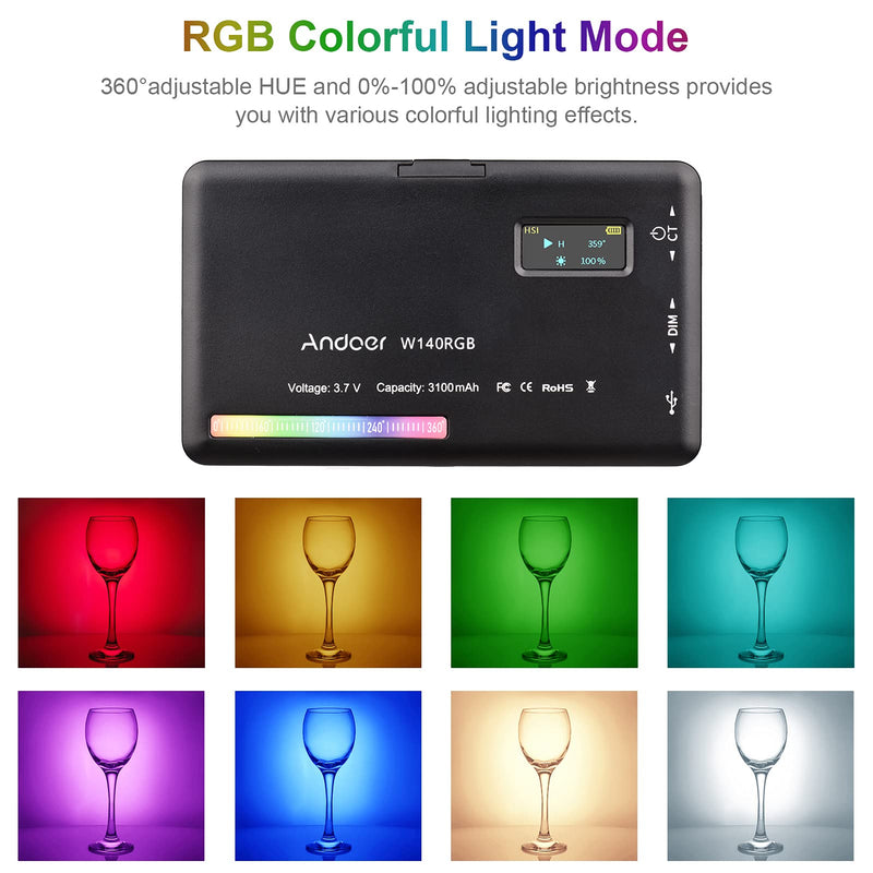  [AUSTRALIA] - Andoer W140 RGB Lume Cube LED Video Light Rechargeable Photography Fill Light CRI95+ 2500K-9000K Dimmable 20 Lighting Effects with LCD Display Cold Shoe Adapter for Video Conference Product Shooting