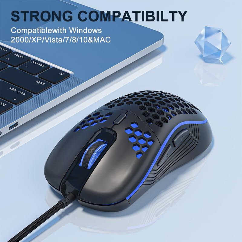  [AUSTRALIA] - AVMTON Wired Gaming Mouse, Lightweight Honeycomb Gaming Mouse, RGB Backlight high Precision Adjustable 8800 DPI Plug Play, 6 programmable Buttons, Ergonomic Mouse for Laptop, PC, Computer（Black）