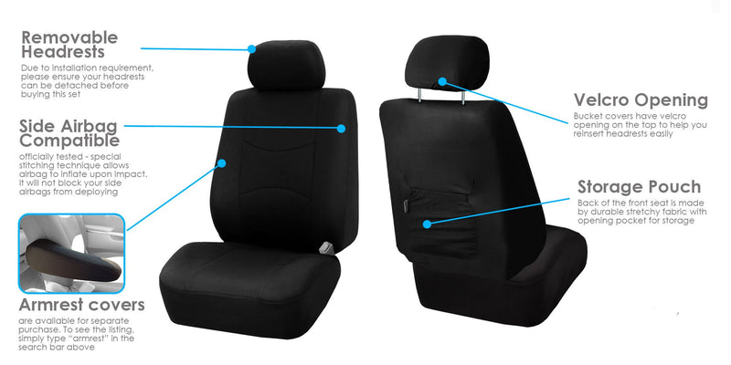  [AUSTRALIA] - TLH Multifunctional Flat Cloth Seat Covers Front Set, Airbag Compatible, Black Color-Universal Fit for Cars, Auto, Trucks, SUV