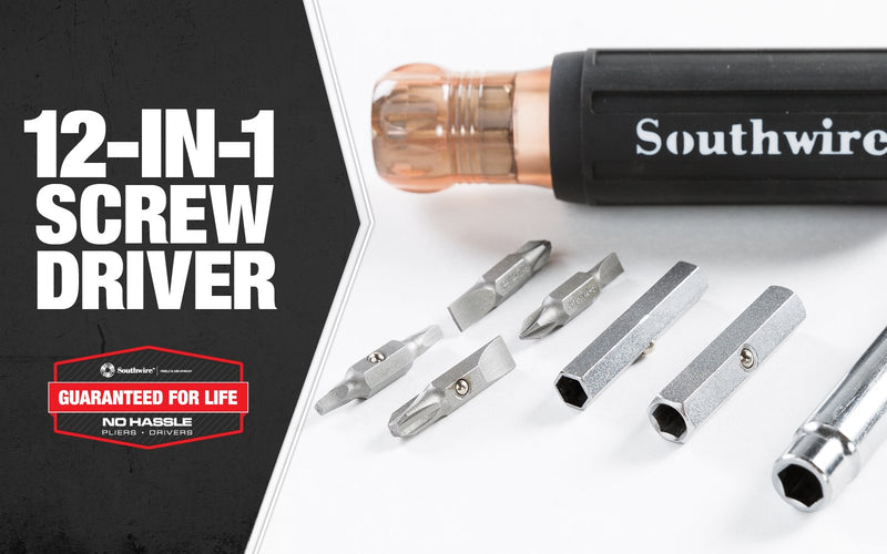  [AUSTRALIA] - Southwire Tools & Equipment 59723940 12-In-1 Multi-Bit Screwdriver, Interchangeable Bits, Comfort Grip Handle, hex 1/4", 5/16", 3/8"; Phillips #1,2,3; slotted SL4-5,SL6-8,sl8-10, and square #1,2