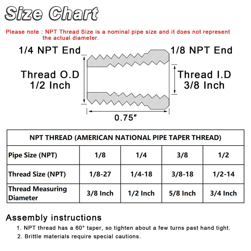  [AUSTRALIA] - KOOTANS 4pcs Heavy Duty 1/4 NPT Male Thread to 1/8 NPT Female Thread Brass Reducer Hex Bushing Brass Fitting Pipe Hose Tube Adapter Convert 1/4 x 1/8 NPT (O.D x I.D: 1/2'' x 3/8'')