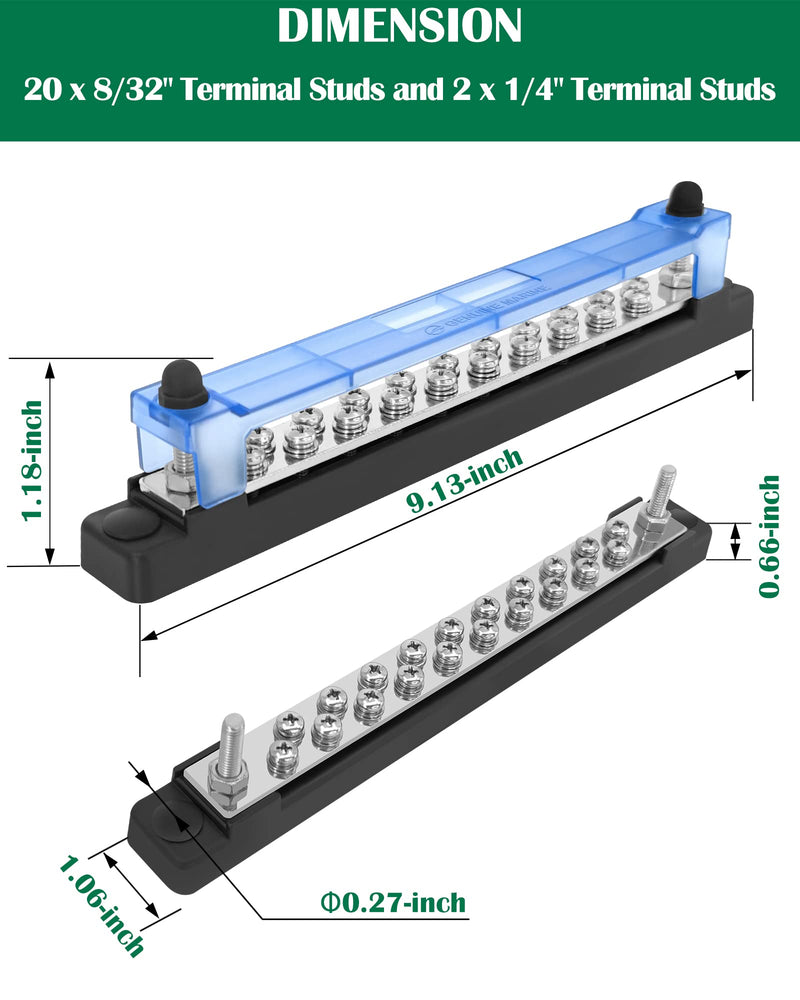  [AUSTRALIA] - LENKRAD 20 Power/Ground Distribution Block Bus Bar, Marine Bus Bar, 150 Amp Battery Terminal Distribution Block for Automotive and RV Solar Wiring, Ground Bus Bar Kit, 2 Packs 20 terminals