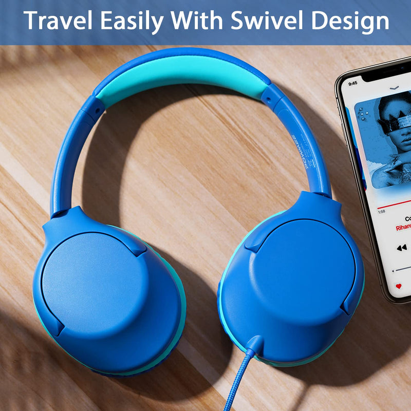  [AUSTRALIA] - POWMEE P20 Kids Headphones Over-Ear Headphones for Kids/Teens/Boys/Girls/School with 94dB Volume Limited Adjustable Stereo Tangle-Free 3.5MM Jack Wire Cord for Fire Tablets/Travel/PC/Phones(Blue)