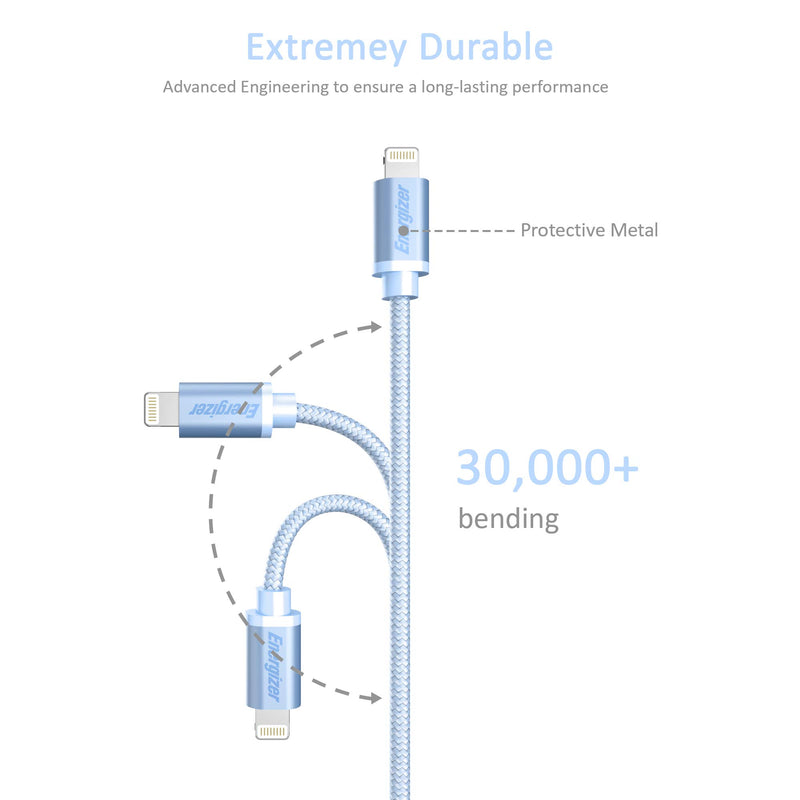 Premier Accessory Group Energizer iPhone Charger Lightning Cable 6ft MFi Fast Charging Sync & Charge Apple Smartphone Cord, Lavender Purple Nylon Braided 6 Feet Swiss Blue - LeoForward Australia