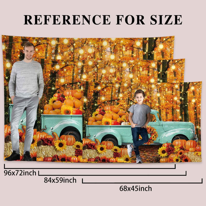  [AUSTRALIA] - Funnytree 84" x 59" Autumn Forest Blue Truck Backdrop for Portrait Photography Picture Fall Harvest Pumpkin Farm Thanksgiving Day Baby Shower Friendsgiving Party Supplies Decoration Banner Background