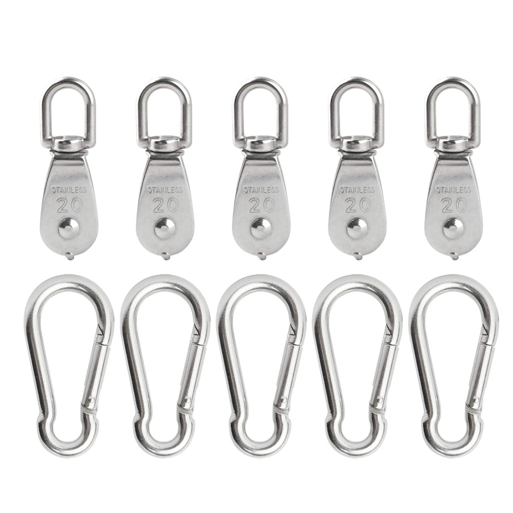  [AUSTRALIA] - BNYZWOT 5Pcs M20 Single Pulley Block with 5Pcs Spring Snap Hook Carabiner, Heavy Duty 304 Stainless Steel Pulley Roller & 2.75'' Spring snap Hooks, Pully Crane Swivel Hook Wire Rope Cable Loading