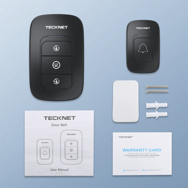  [AUSTRALIA] - TECKNET Wireless Doorbell, Waterproof Door Bell Chime Kit Operating at 1300 Feet Range with 38 Chimes, 4 Volume Levels & LED Flash (Black) WA658 Black