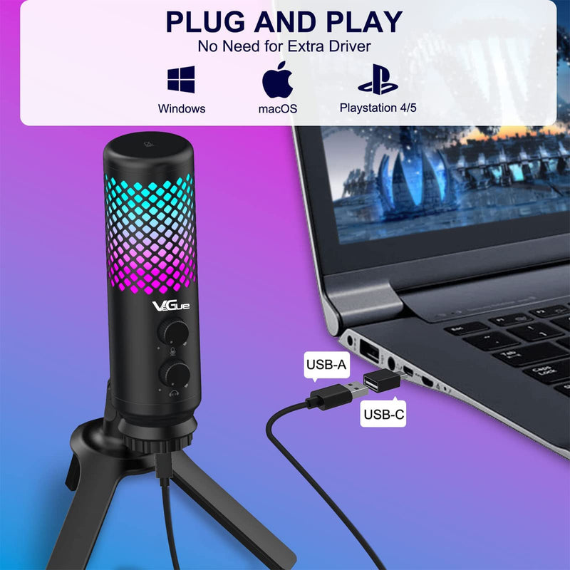  [AUSTRALIA] - VeGue USB RGB Gaming Microphone for PS5, PC Computer Condenser Mic with Adjustable Tripod Stand, Quick Mute, No-Latency Monitor, Gain Control, Shock Mount for Gaming, TikTok, YouTube, Live Streaming