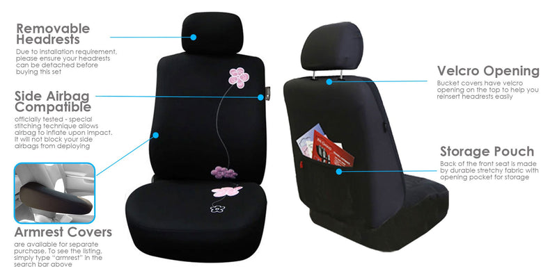  [AUSTRALIA] - FH Group FB053BLACK102 Seat Cover (Flower Embroidery Airbag Compatible (Set of 2) Black) Black Half Set