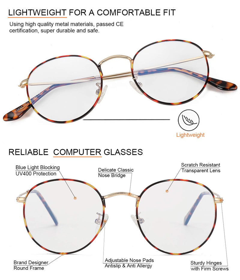 Blue Light Glasses for Women Men, Round Metal Frame Anti Bluelight Lens Computer Glasses 03 Tortoise 50 Millimeters - LeoForward Australia