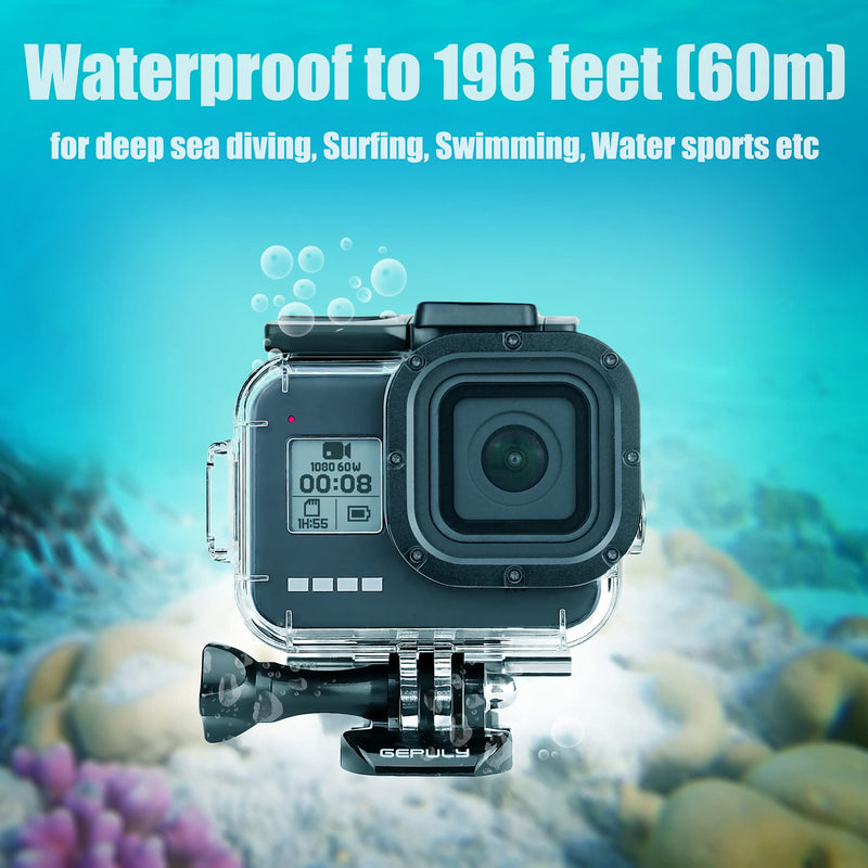  [AUSTRALIA] - GEPULY 60M(196ft) Waterproof Housing Case for GoPro Hero 8 Black,Protective Underwater Diving Housing Shell with 2 Cold Shoe Adapters Bracket Accessories for GoPro Hero 8 Black Action Camera Housing Case for Hero 8 Black